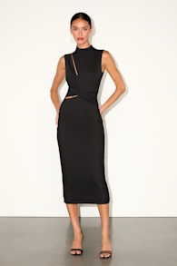 Kamara Black Mesh Cutout Knotted Midi Dress 1
