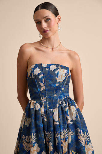 Eulalia Dark Blue Floral Lace-Up Strapless Bustier Midi Dress 1