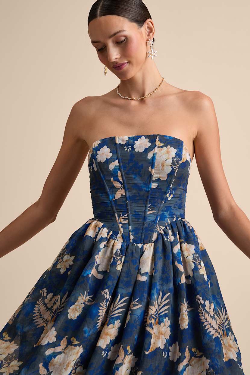 chinese dress ladies Aimee Light Blue Floral Bustier Maxi Dress - All Dresses