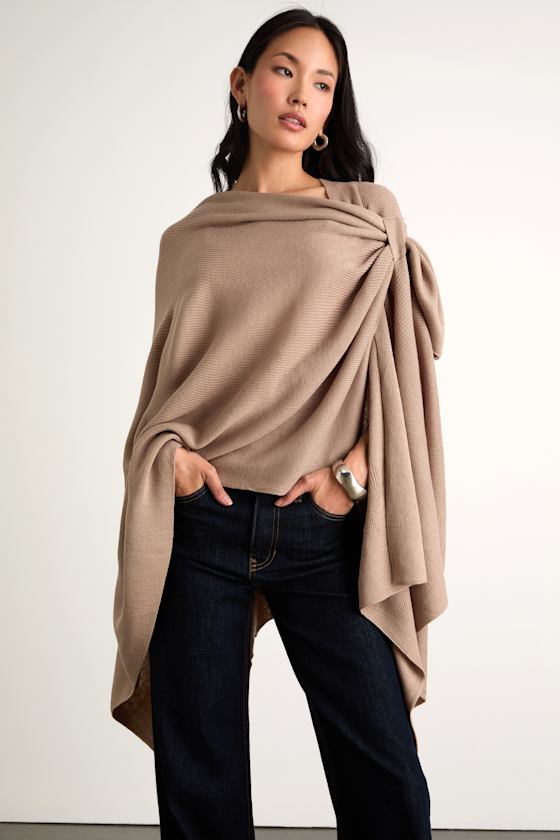 Ardita Taupe Ribbed Knit Draped Wrap Poncho 1