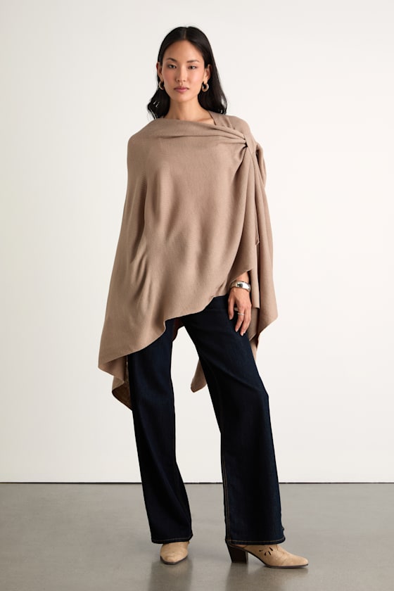 Ardita Taupe Ribbed Knit Draped Wrap Poncho - thumbnail 4