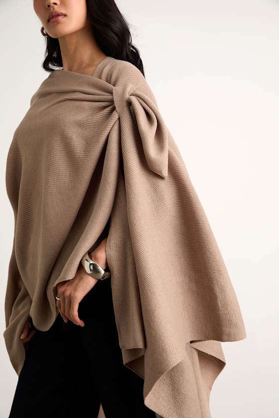 Ardita Taupe Ribbed Knit Draped Wrap Poncho - thumbnail 5