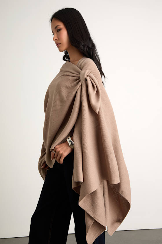 Ardita Taupe Ribbed Knit Draped Wrap Poncho - thumbnail 6