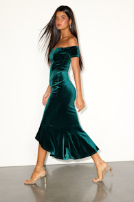 How Much I Care Dark Teal Velvet Off-the-Shoulder Midi Dress 1
