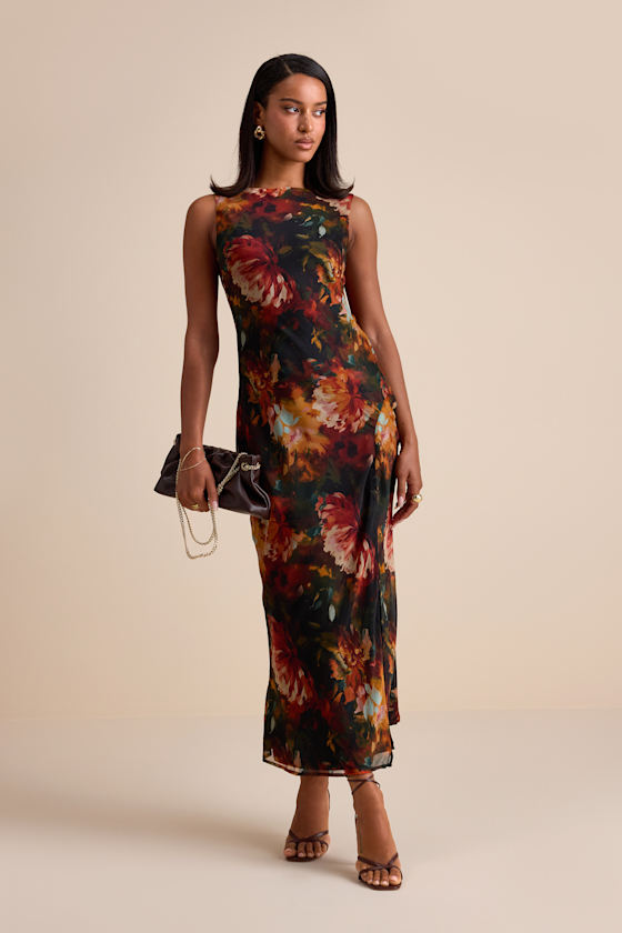 Lulus Yaneli Black Multi Floral Boat Neck Cowl Back Maxi Dress In Multi
