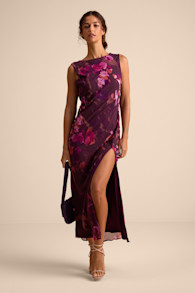 Yaneli Plum Floral Boat Neck Cowl Back Maxi Dress