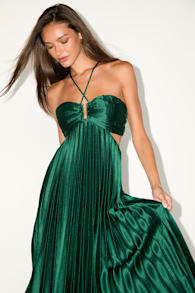Aerin Emerald Satin Pleated Cutout Midi Dress 1