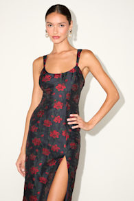 Immaculate Chicness Navy Floral Brocade Midi Dress 1