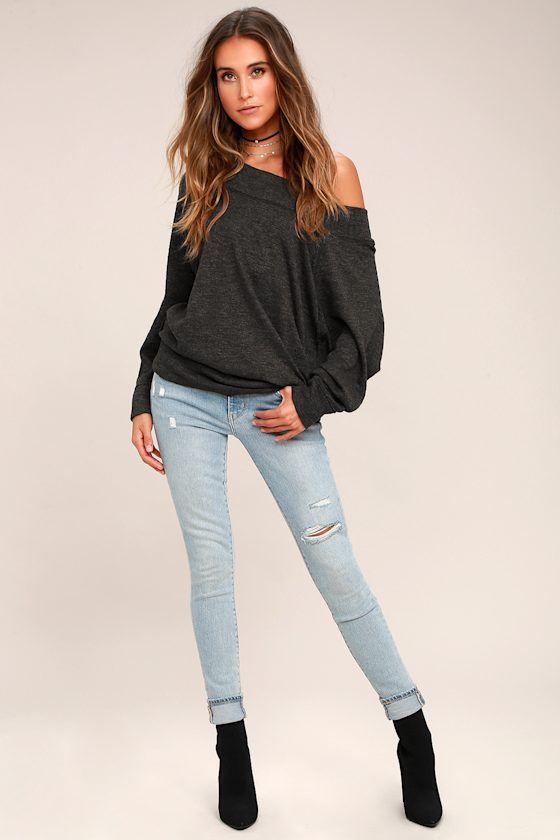 Free People Palisades Washed Black Off-the-Shoulder Sweater Top 2