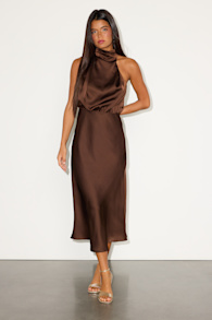 Distinctive Brown Satin Asymmetrical Midi Dress 1