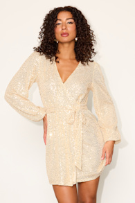 Sparkly Darling Gold Sequin Long Sleeve Wrap Dress 1