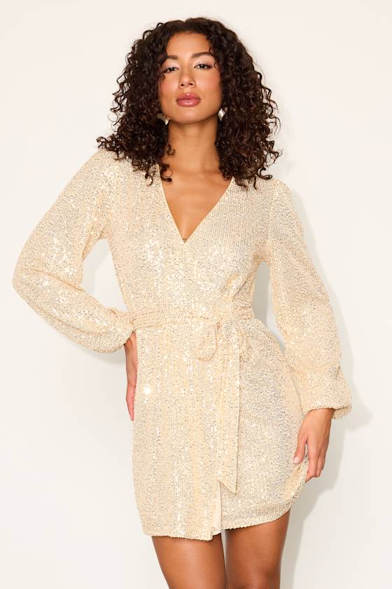 Sparkly Darling Gold Sequin Long Sleeve Wrap Dress 1
