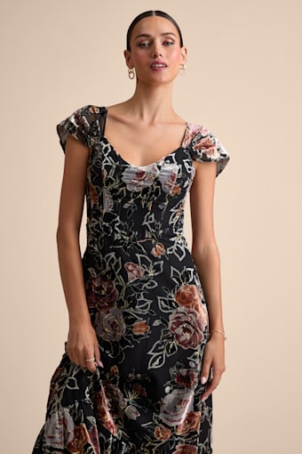 Composed Beauty Black Burnout Velvet Floral Midi Dress 1
