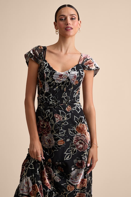 Composed Beauty Black Burnout Velvet Floral Midi Dress 1