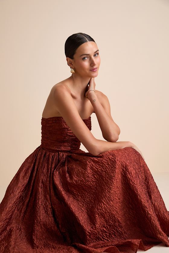 Analeia Rust Jacquard Lace-Up Strapless Midi Dress 1