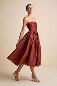 Analeia Rust Jacquard Lace-Up Strapless Midi Dress 5