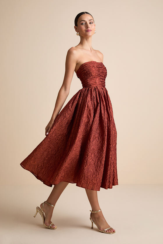 Analeia Rust Jacquard Lace-Up Strapless Midi Dress 5