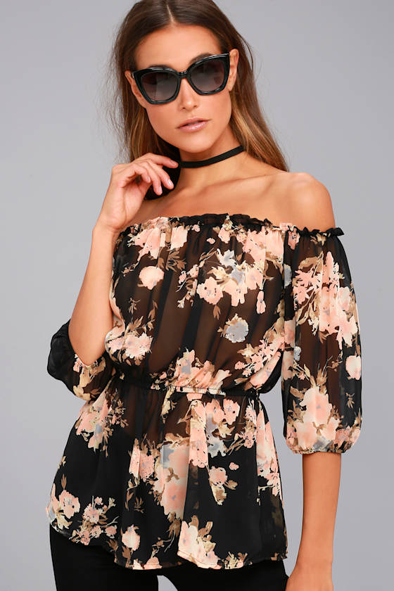 Floral It's Worth Black Floral Print Off-the-Shoulder Top 8