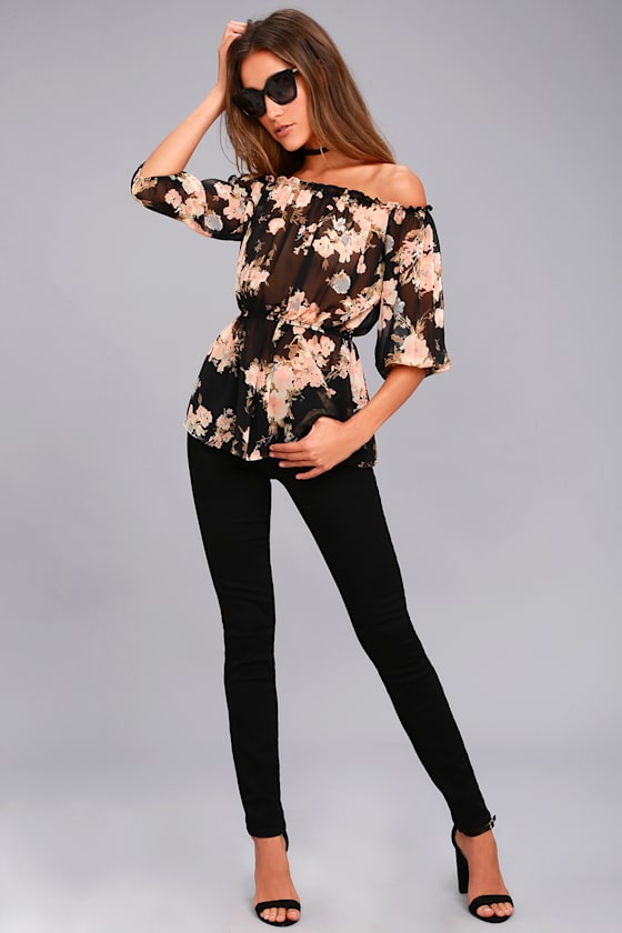Floral It's Worth Black Floral Print Off-the-Shoulder Top 7