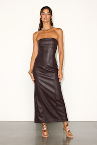 Antionette Dark Brown Vegan Leather Column Maxi Dress 1