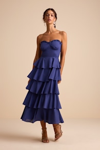 Nayha Blue Strapless Tiered Midi Dress 1