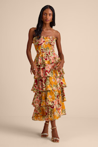 Nahya Yellow Multi Floral Strapless Tiered Midi Dress 1
