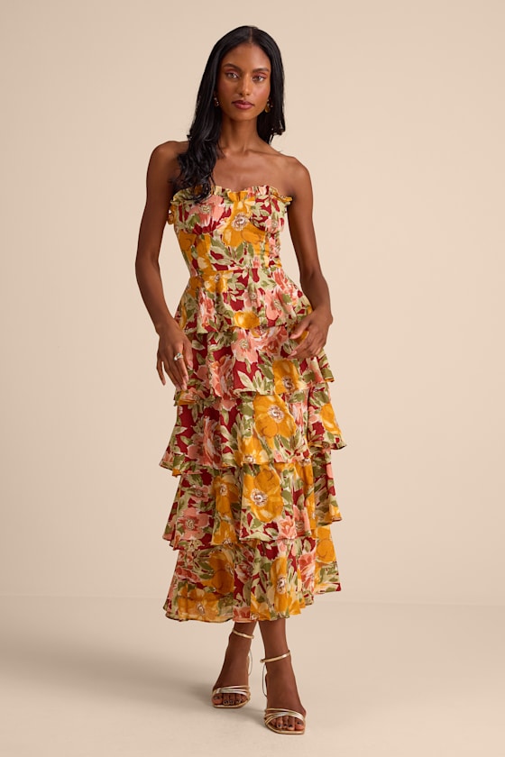 Nahya Yellow Multi Floral Strapless Tiered Midi Dress 1