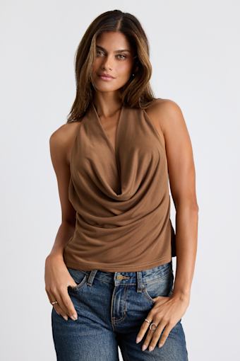 Zazie Light Brown Cowl Neck Braided Backless Tank Top 1