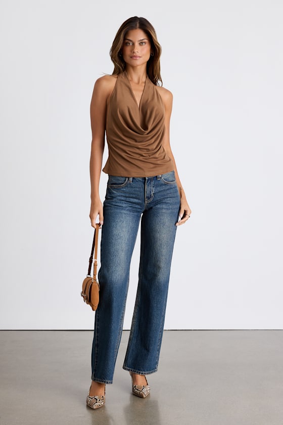 Light Brown Tank Top - Braided Backless Top - Cowl Neck Tank Top