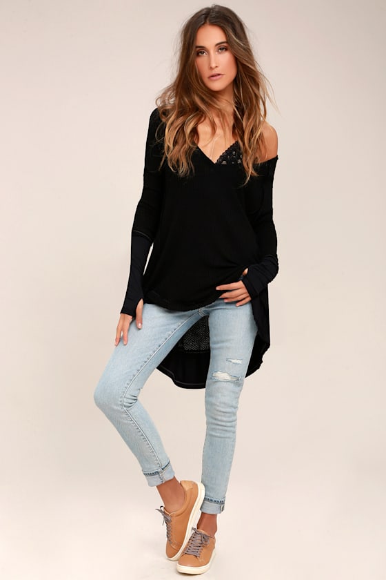 Free People Laguna Black Thermal Long Sleeve Top 2