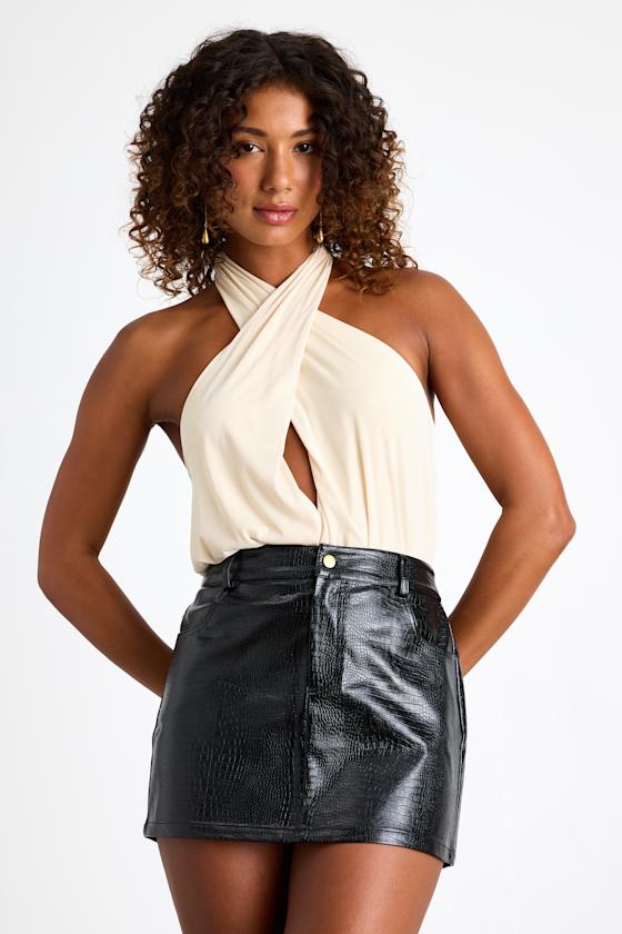 Jamison Cream Jersey Knit Cross-Front Halter Bodysuit 1