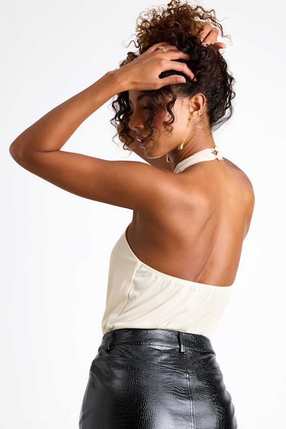 Jamison Cream Jersey Knit Cross-Front Halter Bodysuit 2