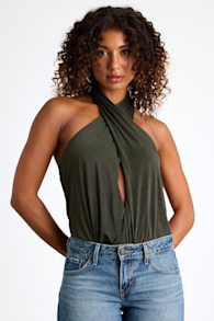 Jamison Dark Green Jersey Knit Cross-Front Halter Bodysuit 1