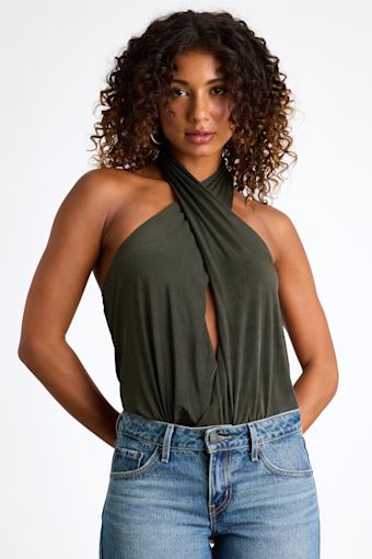 Jamison Dark Green Jersey Knit Cross-Front Halter Bodysuit 1