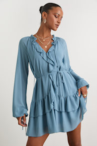 Allirah Light Blue Ruffled Long Sleeve Mini Dress 1