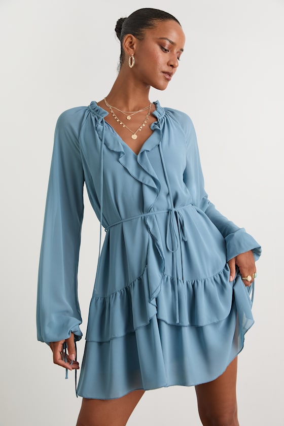 Allirah Light Blue Ruffled Long Sleeve Mini Dress 1