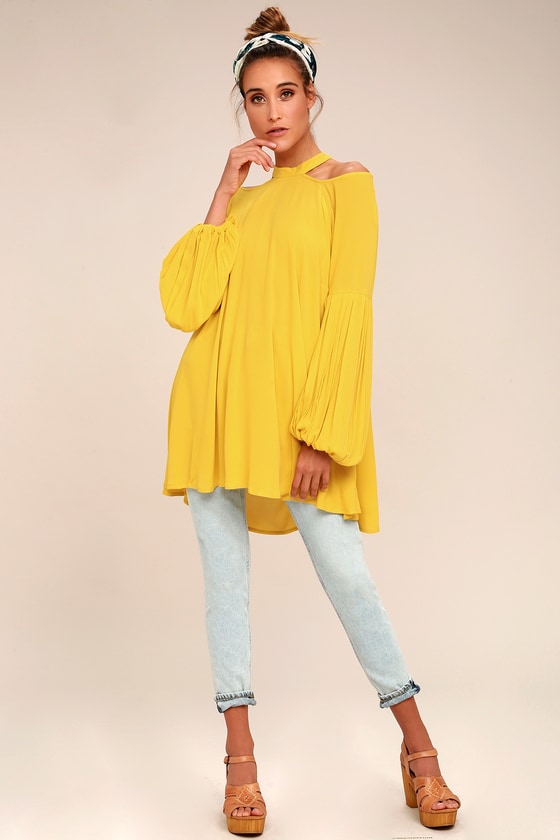 Free People Drift Away Yellow Cold Shoulder Tunic Top