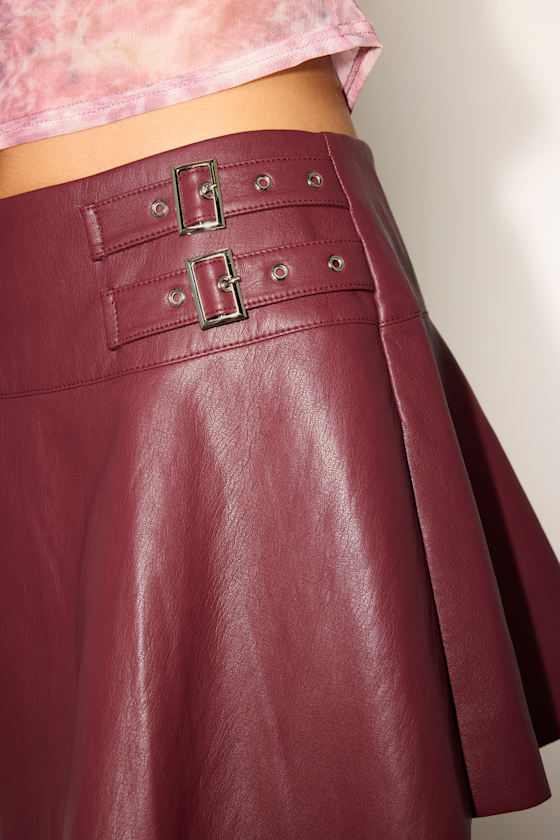 Rebeka Burgundy Vegan Leather Low-Rise Skort 2