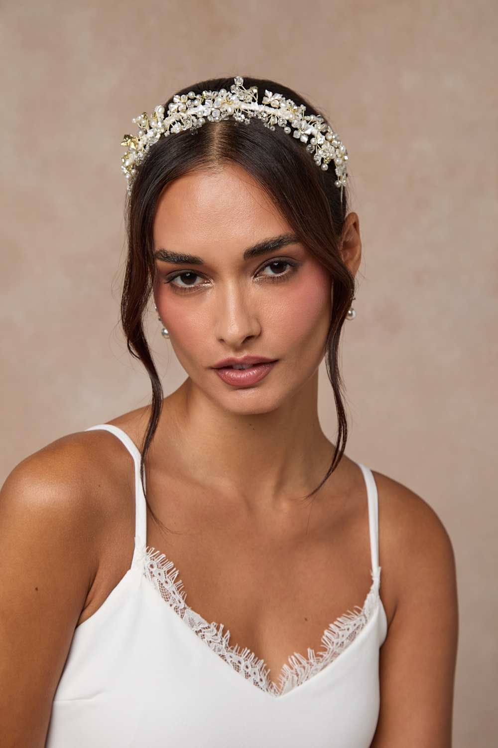 Elfrida White Pearl Beaded Flower Headband