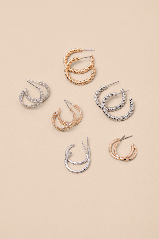 Claista Gold and Silver Textured Six-Piece Hoop Earring Set