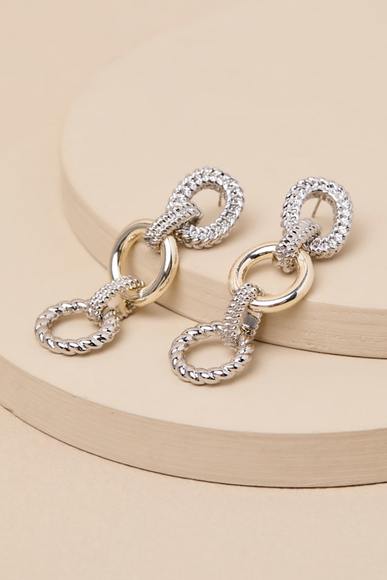 Silver & 14KT Gold Earrings - Chain Link Drop Earrings