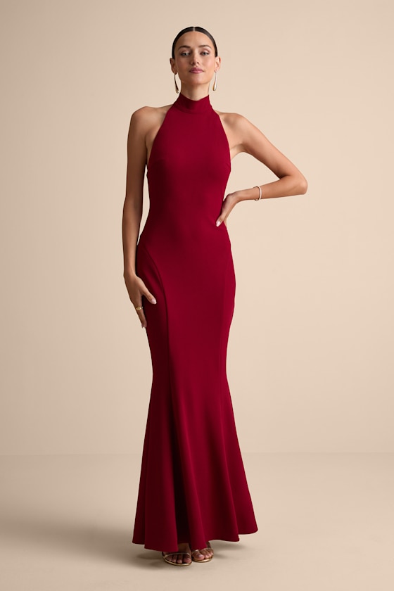 Sihana Wine Red Halter Mermaid Maxi Dress 1