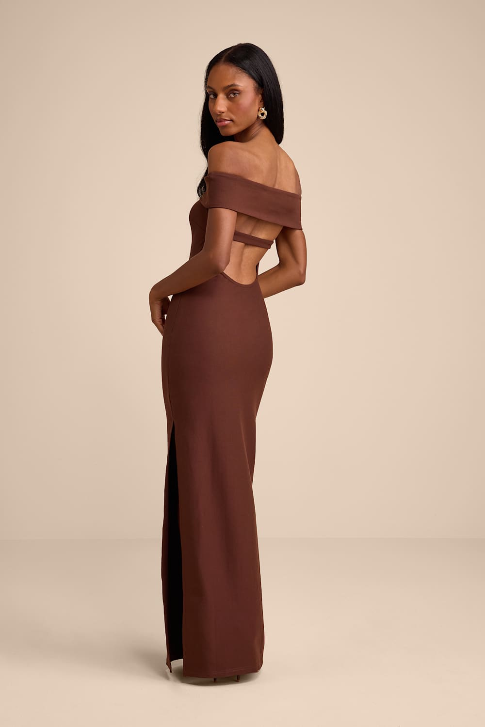 Chastain Brown Ponte Knit Off-the-Shoulder Maxi Dress