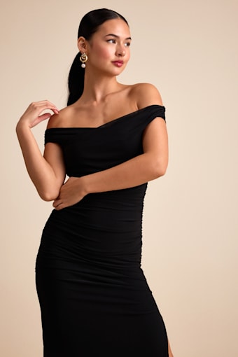 Scotia Black Mesh Ruched Off-the-Shoulder Maxi Dress 1