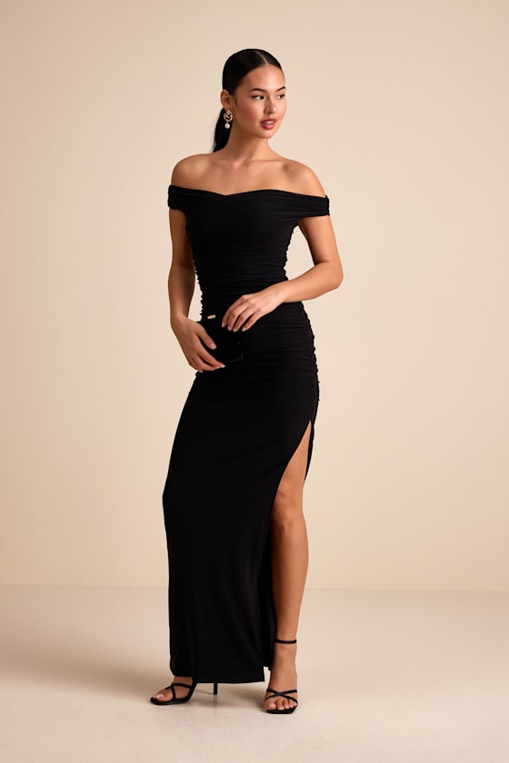 Scotia Black Mesh Ruched Off-the-Shoulder Maxi Dress 2