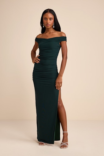 Scotia Dark Green Mesh Ruched Off-the-Shoulder Maxi Dress 1