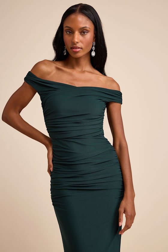 Scotia Dark Green Mesh Ruched Off-the-Shoulder Maxi Dress 2