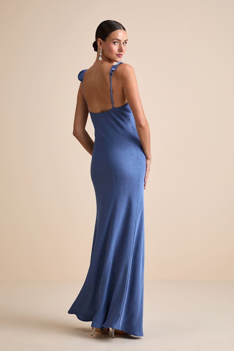 Blue Satin Ruffed Slip Maxi Dress | Womens | Large (Available in Xl) | 100% Polyester | Lulus