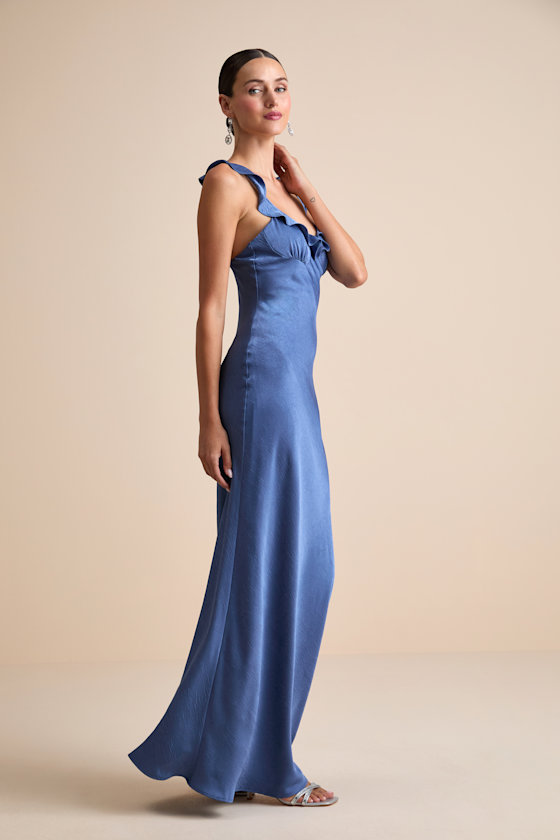 Angela Blue Satin Ruffed Slip Maxi Dress 5
