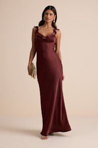 Angela Brown Satin Ruffed Slip Maxi Dress 1
